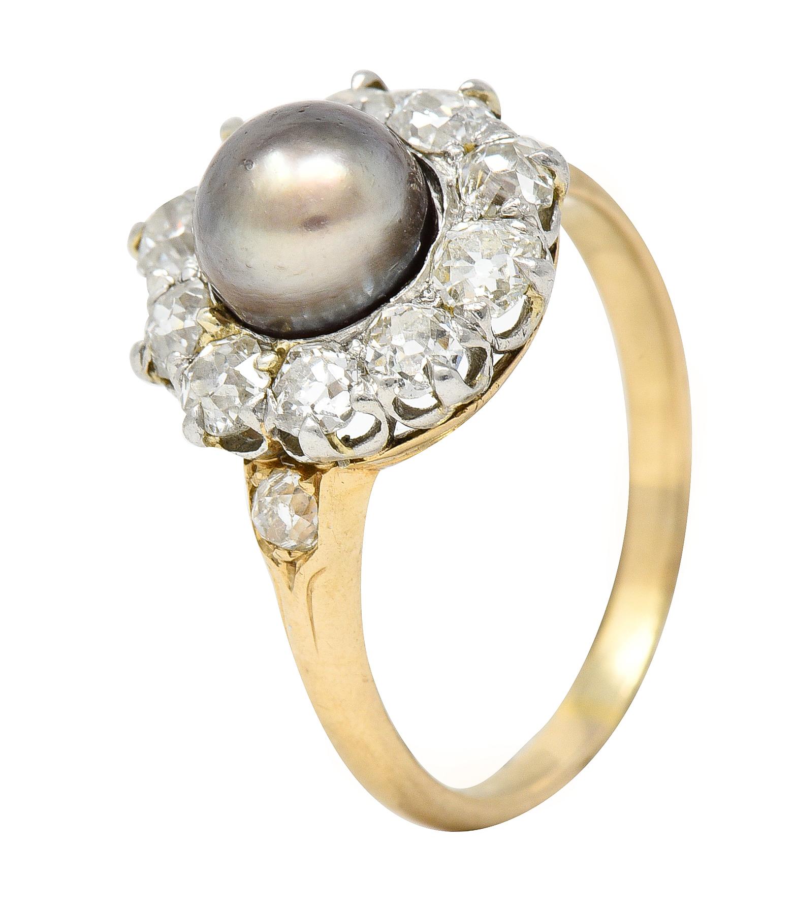Edwardian 1.40 Carats Diamond Natural Pearl Platinum-Topped 14 Karat Gold Ring 2