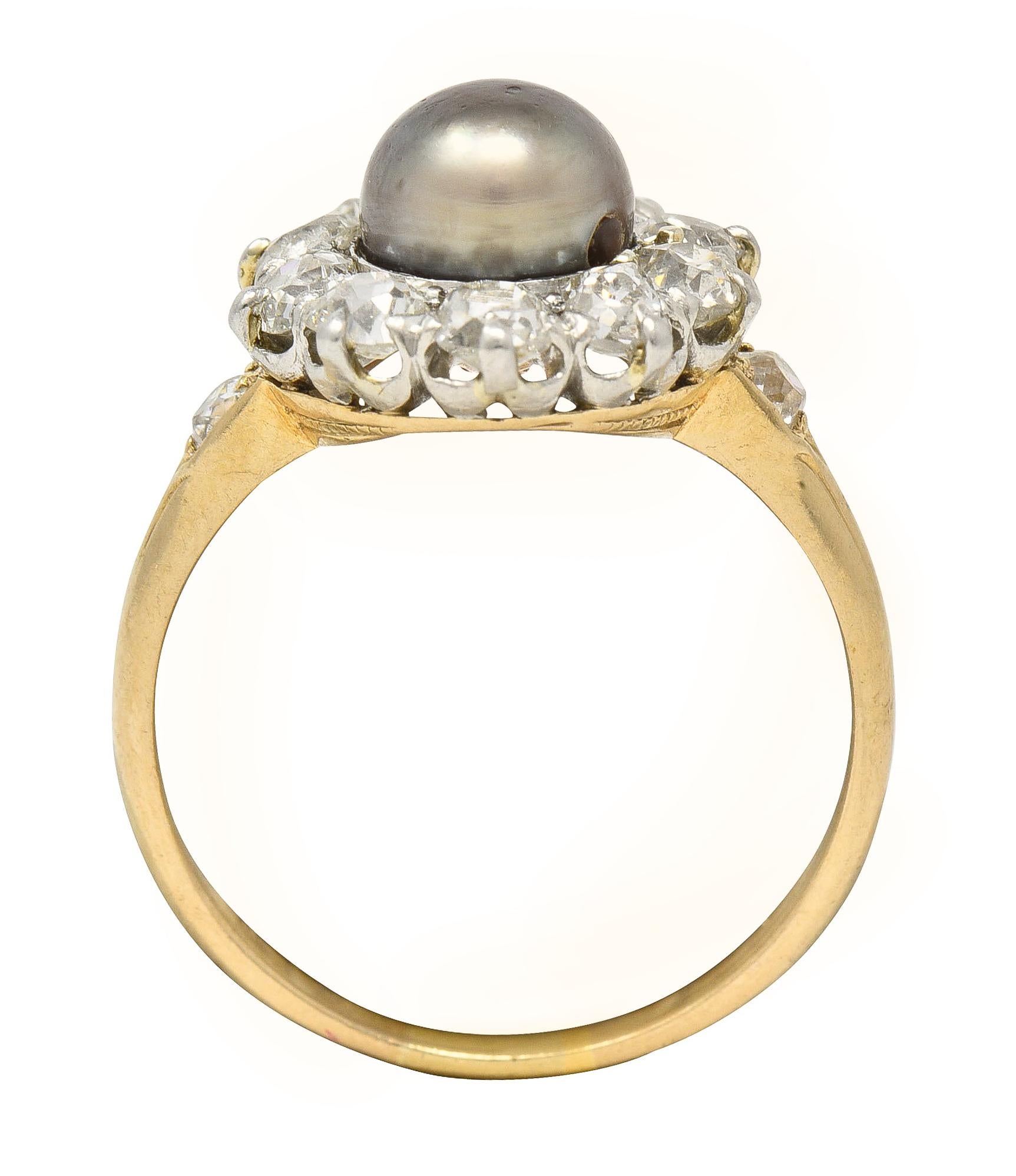 Edwardian 1.40 Carats Diamond Natural Pearl Platinum-Topped 14 Karat Gold Ring 3