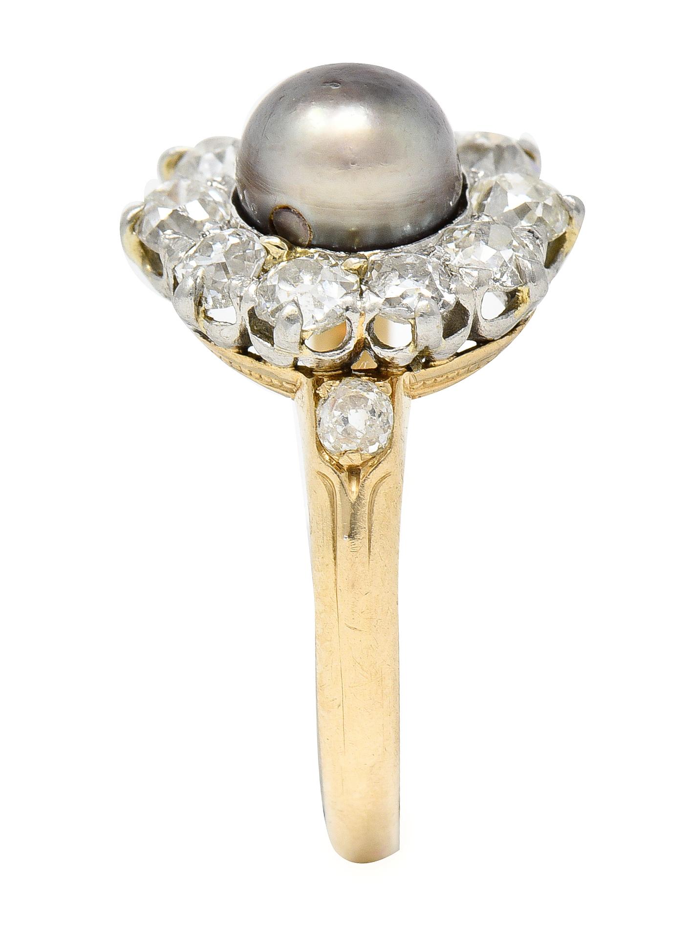Edwardian 1.40 Carats Diamond Natural Pearl Platinum-Topped 14 Karat Gold Ring 4