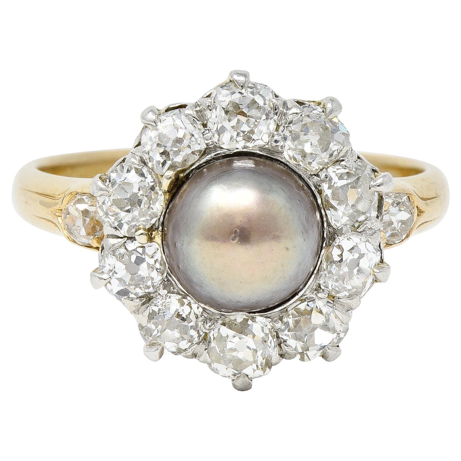 Edwardian 1.40 Carats Diamond Natural Pearl Platinum-Topped 14 Karat Gold Ring