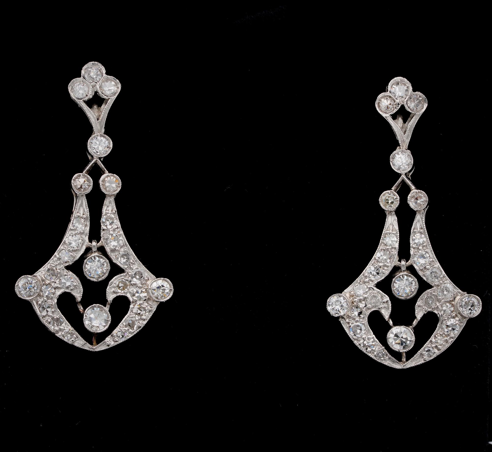 Sensual Drops

Delicately hand crafted in Platinum with decorative openwork and fine mil grain details during the Edwardian period to survive time passing and keep all their sensual beauty for ever
Lovely Diamond Drop earrings – set throughout with