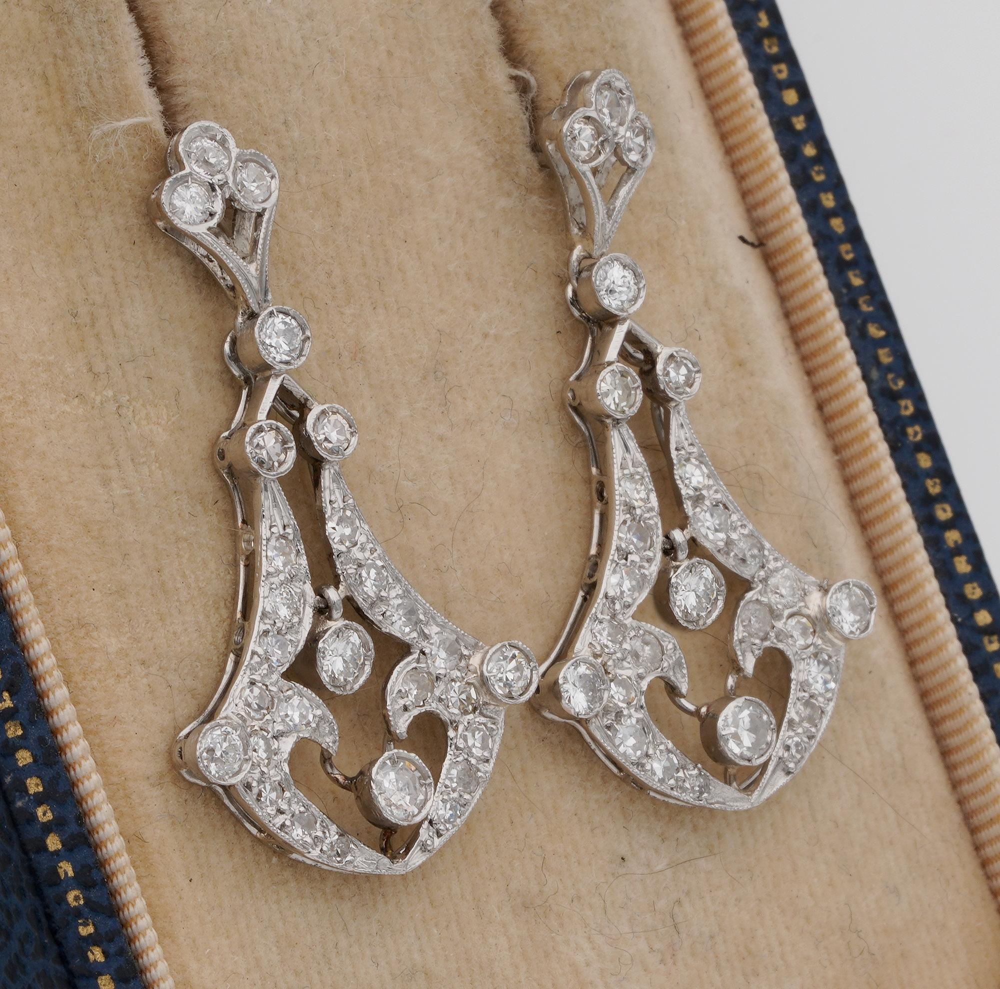 Old European Cut Edwardian 1.40 Carat Old Cut Diamond Platinum Drop Earrings