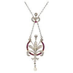 Edwardian 1.40 CTW Diamond Ruby Pearl Platinum 18K Gold Antique Bouquet Necklace