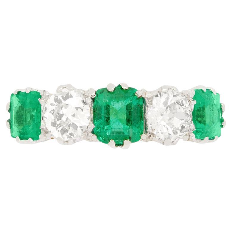 Edwardian 1.40ct Emerald and Diamond Five Stone Ring, c.1910s