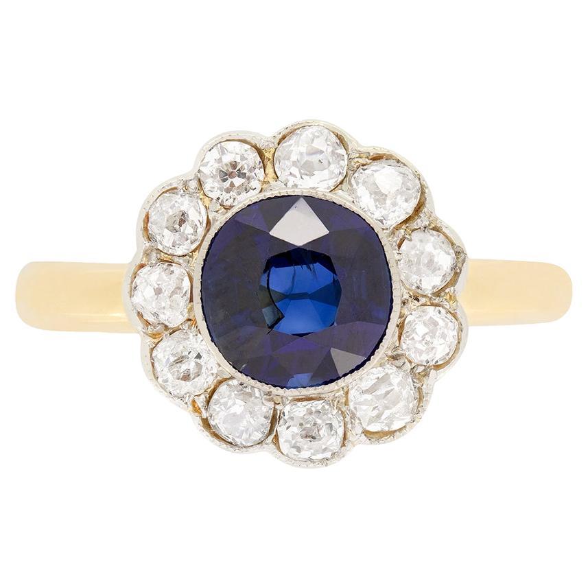 Edwardian 1.40ct Sapphire and Diamond Coronet Cluster Ring, c.1910s