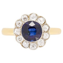 Antique Edwardian 1.40ct Sapphire and Diamond Coronet Cluster Ring, c.1910s