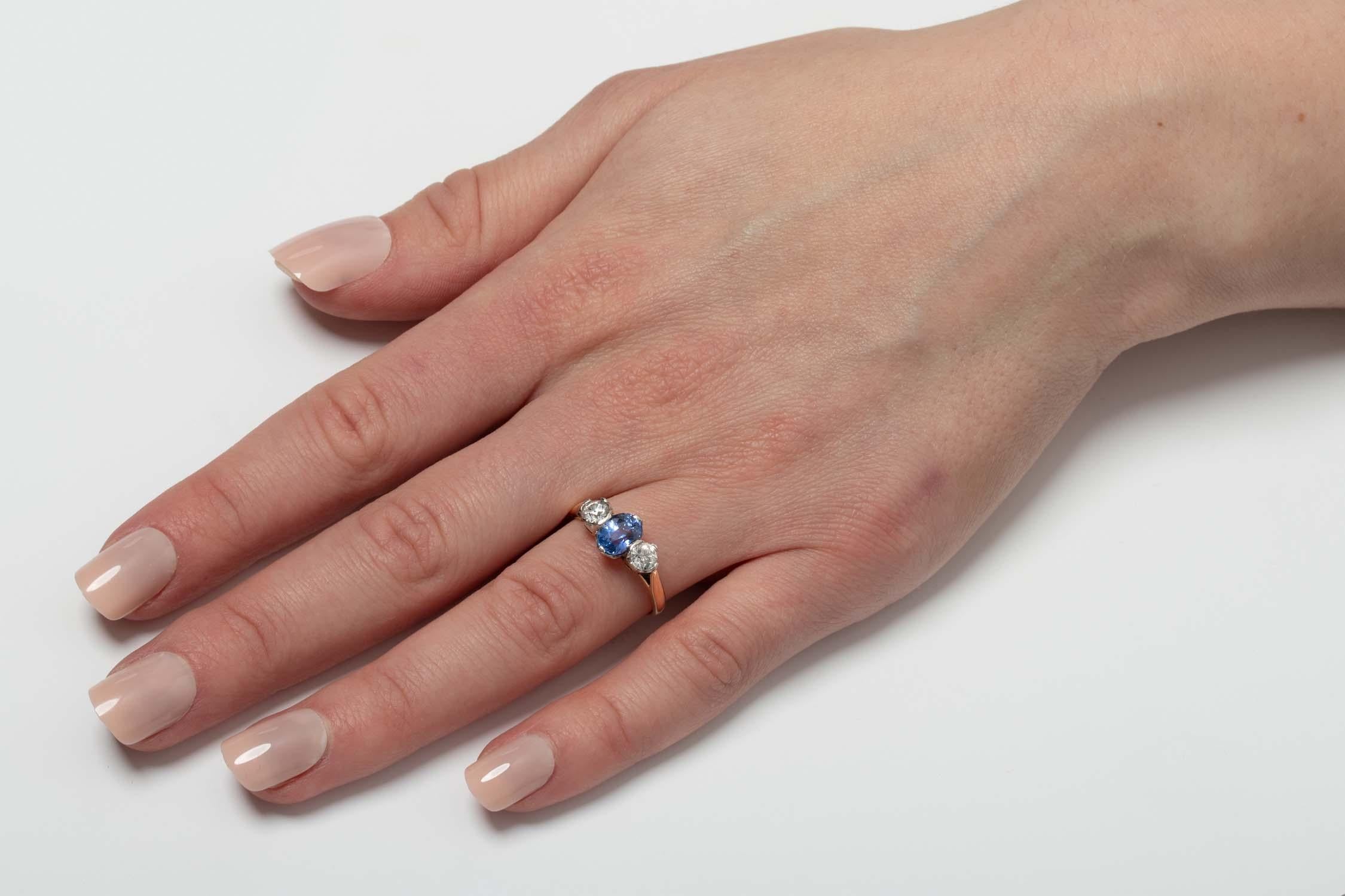 Edwardian 1.40 Carat Sapphire and Diamond Three Stone Ring, circa 1910s 1