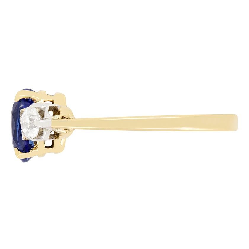 Oval Cut Edwardian 1.40ct Sapphire and Diamond Trilogy Ring, c.1910s
