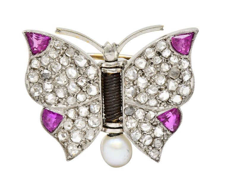 Broche papillon édouardienne ancienne en or 18 carats et platine avec  diamants et rubis 1,43 carat poids total En vente sur 1stDibs