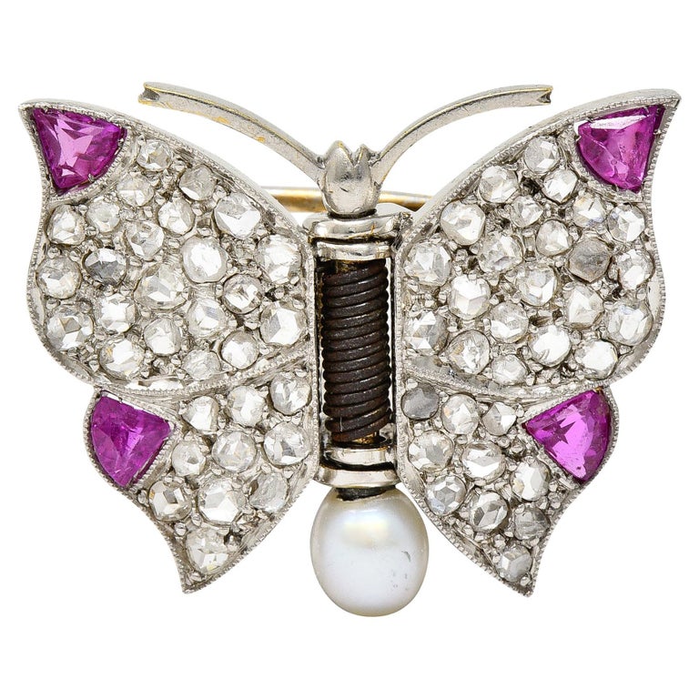 Broche papillon édouardienne ancienne en or 18 carats et platine avec  diamants et rubis 1,43 carat poids total En vente sur 1stDibs