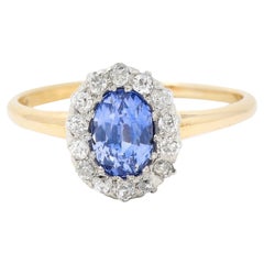 Edwardian 1.44 CTW Oval Cut Sapphire Diamond Platinum-Topped Antique Halo Ring