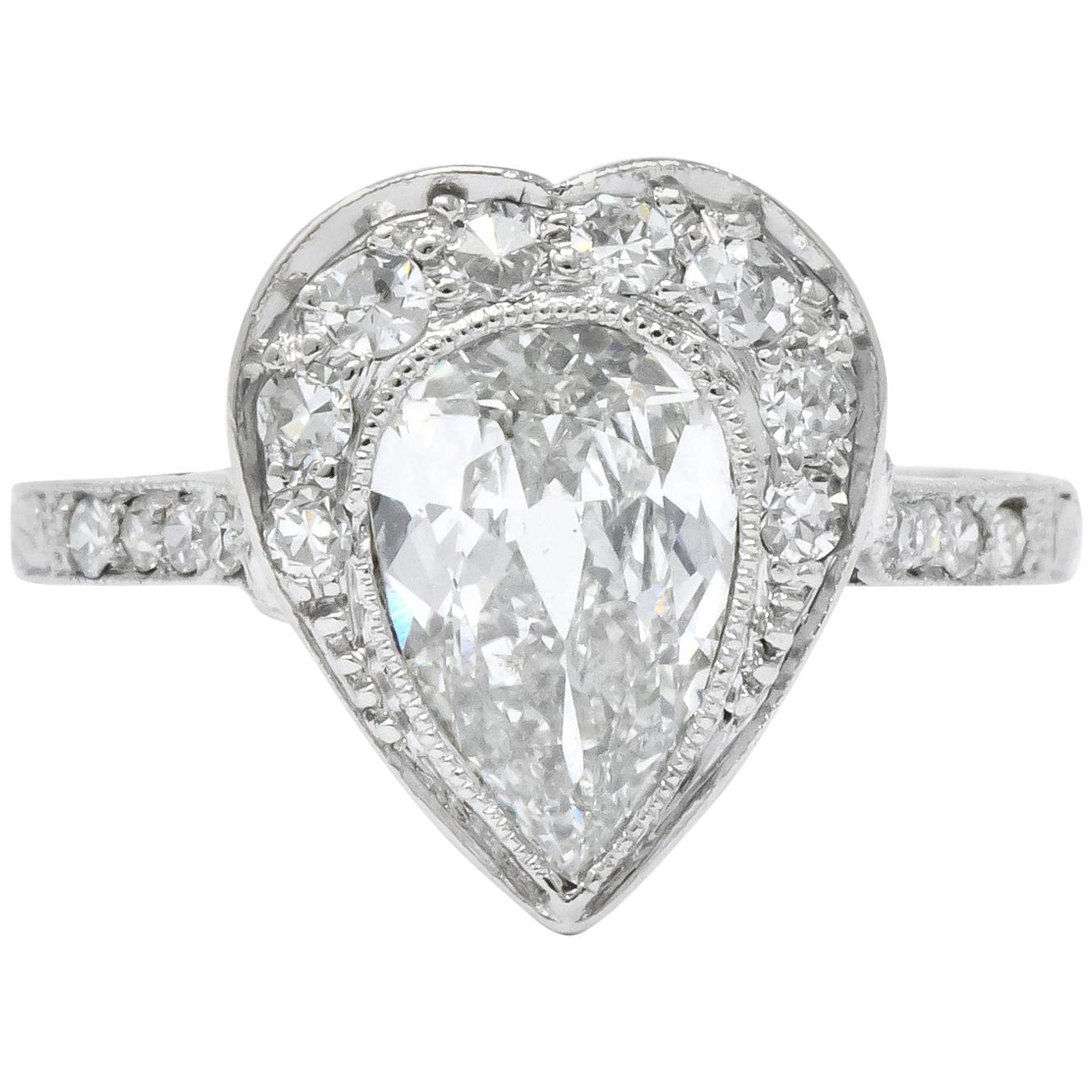 Edwardian 1.45 Carat Pear Cut Diamond Platinum Heart Engagement Ring