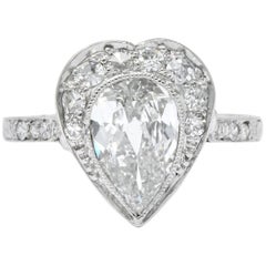Antique Edwardian 1.45 Carat Pear Cut Diamond Platinum Heart Engagement Ring