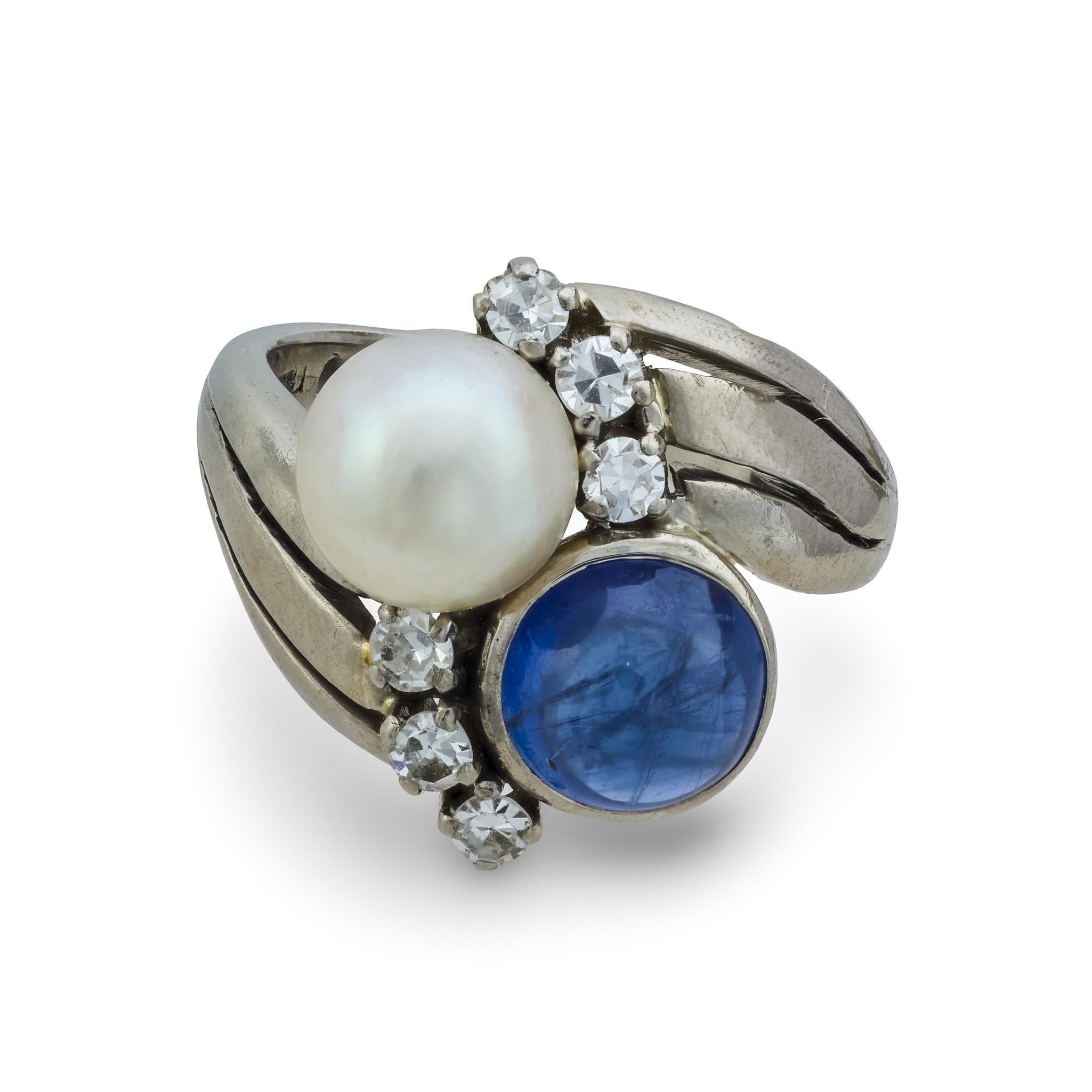 Edoardiano Anello edoardiano Toi Et Moi in oro bianco 18 carati con zaffiro e perla di diamante da 1,45 carati in vendita