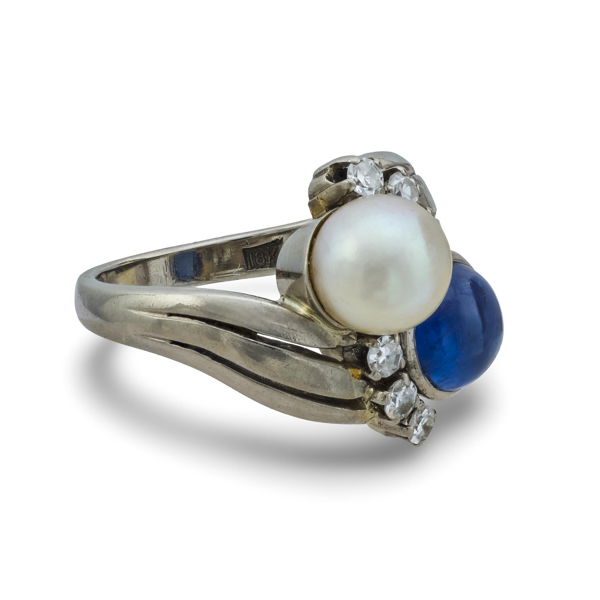 Anello edoardiano Toi Et Moi in oro bianco 18 carati con zaffiro e perla di diamante da 1,45 carati In condizioni buone in vendita a Beverly Hills, CA