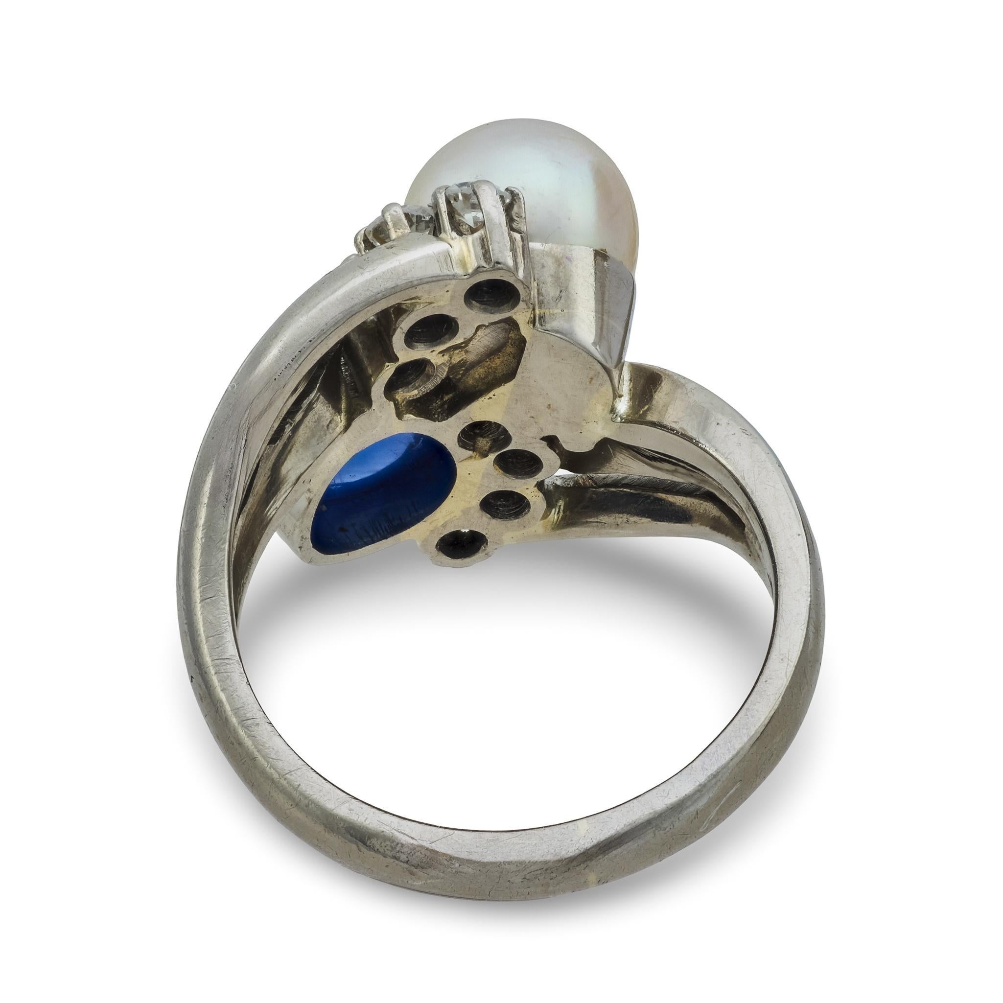 Donna Anello edoardiano Toi Et Moi in oro bianco 18 carati con zaffiro e perla di diamante da 1,45 carati in vendita