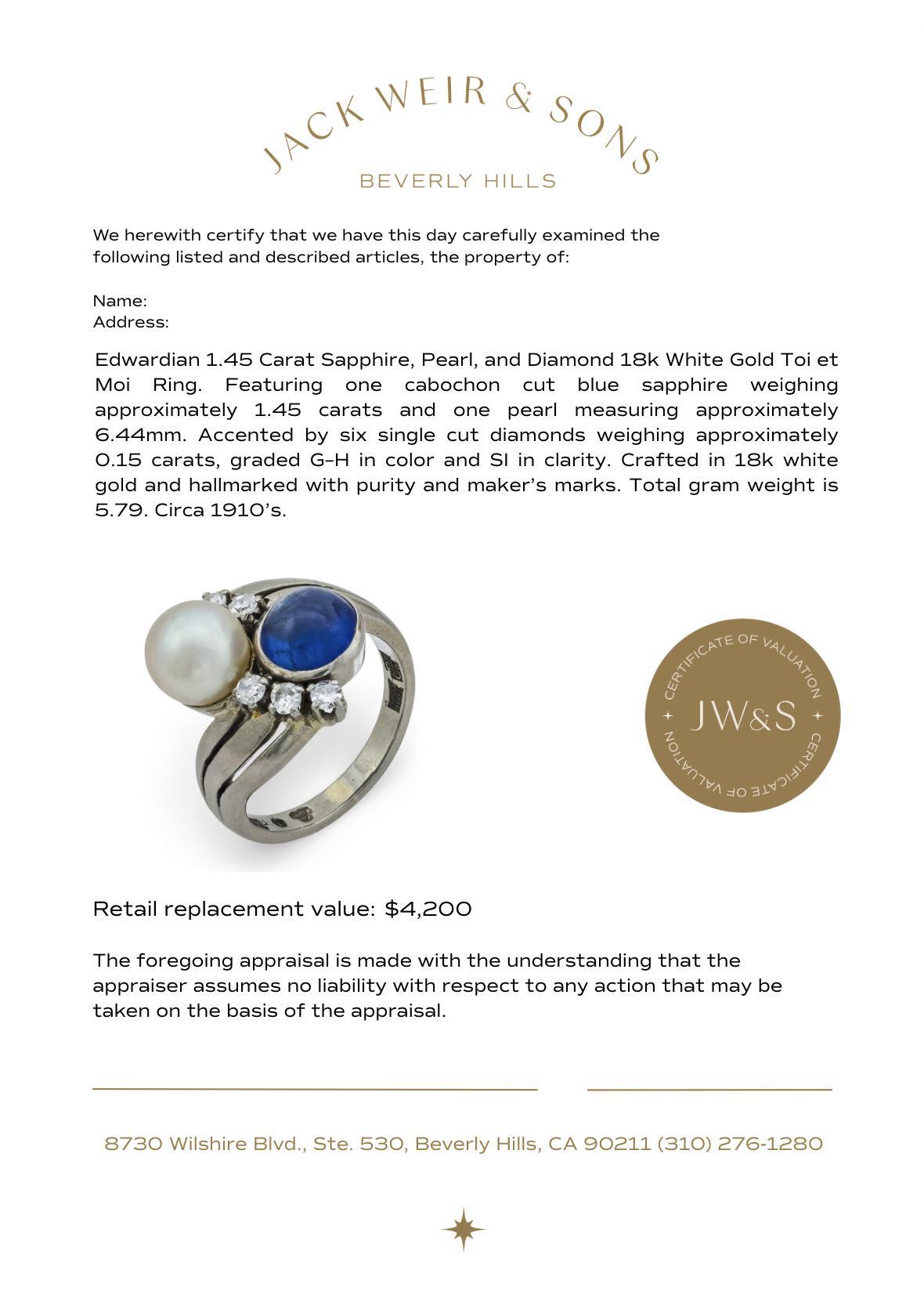 Anello edoardiano Toi Et Moi in oro bianco 18 carati con zaffiro e perla di diamante da 1,45 carati in vendita 1