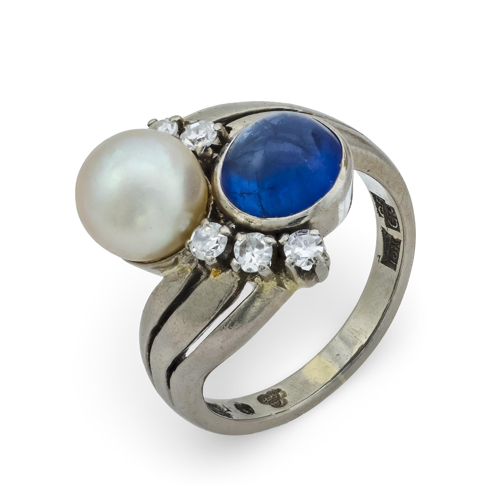 Anello edoardiano Toi Et Moi in oro bianco 18 carati con zaffiro e perla di diamante da 1,45 carati in vendita 2
