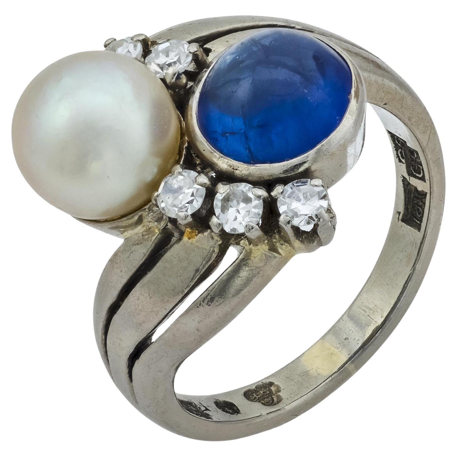 Edwardian 1,45 Karat Saphir Perle Diamant 18k Weißgold Toi Et Moi Ring