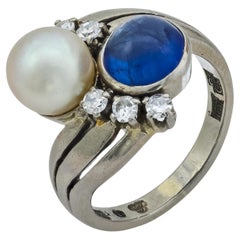 Edwardian 1.45 carat sapphire pearl diamond 18k white gold Toi Et Moi ring