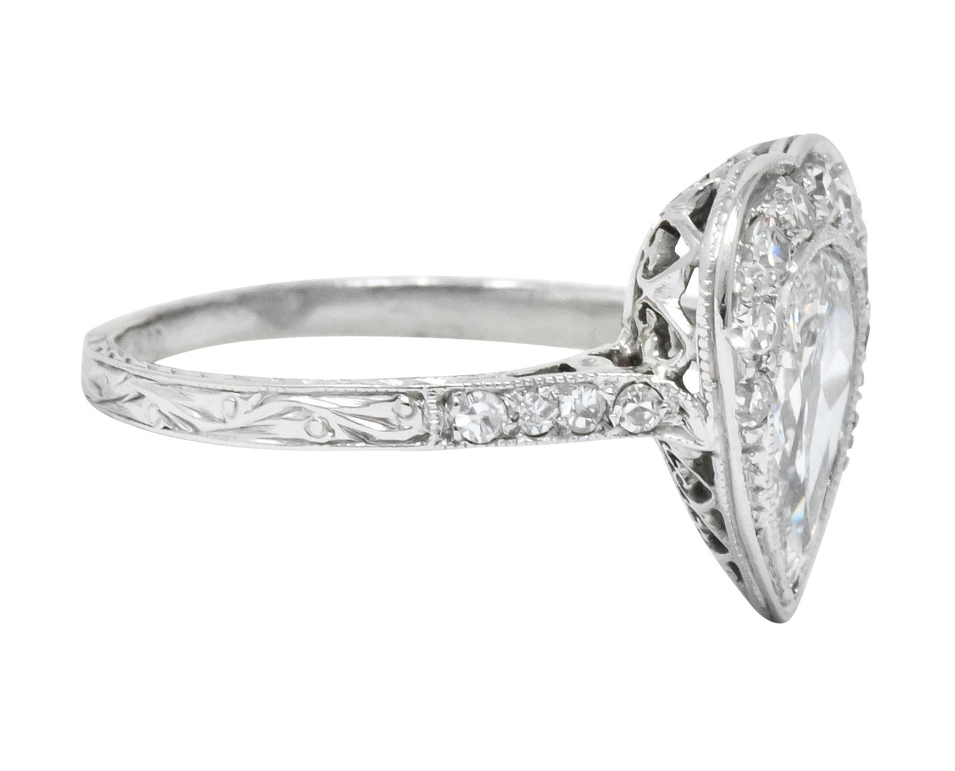 Edwardian 1.45 Carat Pear Cut Diamond Platinum Heart Engagement Ring In Excellent Condition In Philadelphia, PA