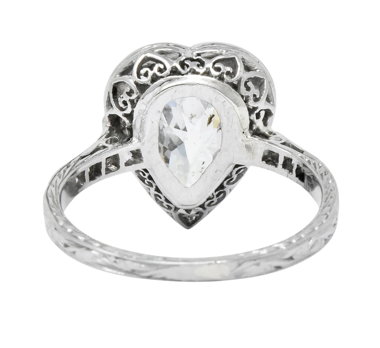 Women's or Men's Edwardian 1.45 Carat Pear Cut Diamond Platinum Heart Engagement Ring