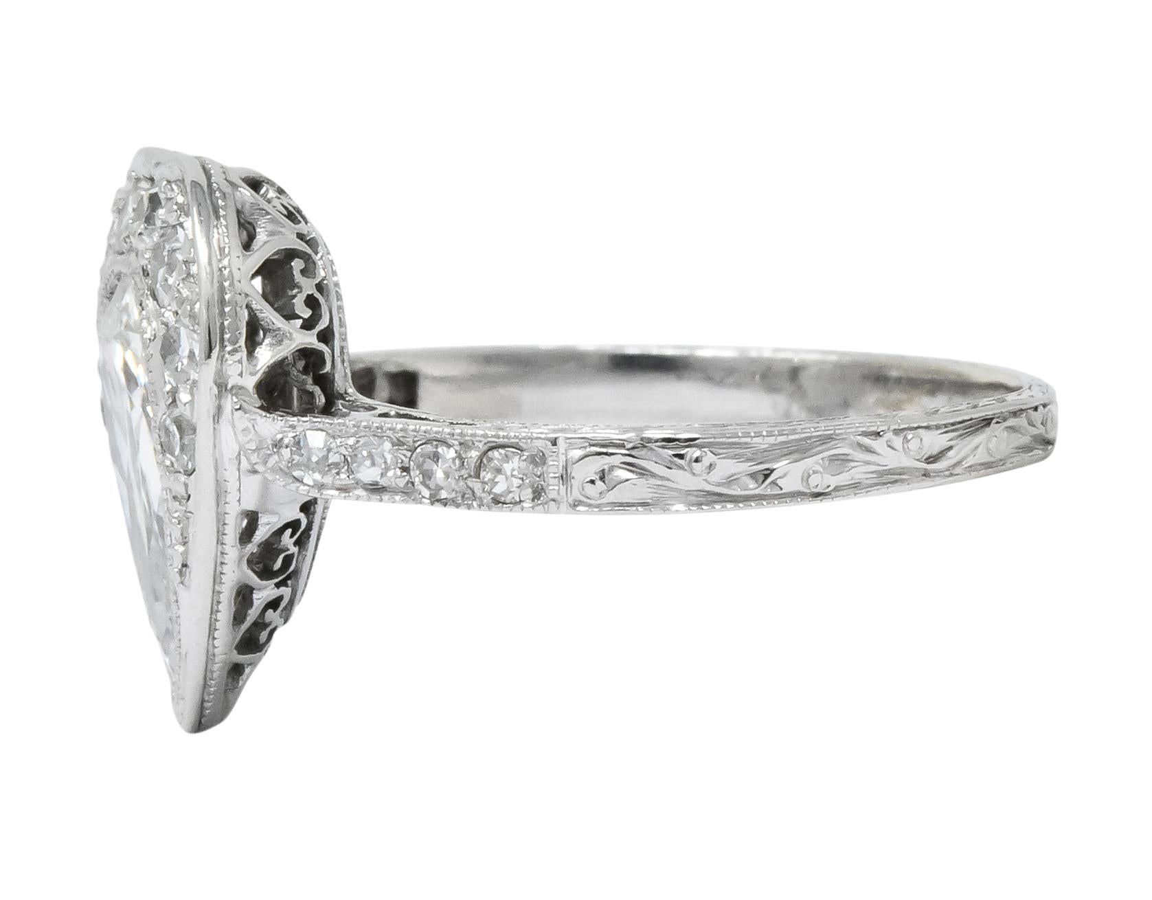 Edwardian 1.45 Carat Pear Cut Diamond Platinum Heart Engagement Ring 1