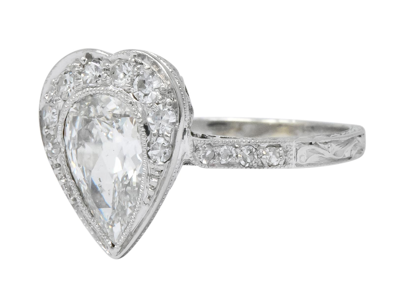 Edwardian 1.45 Carat Pear Cut Diamond Platinum Heart Engagement Ring 2