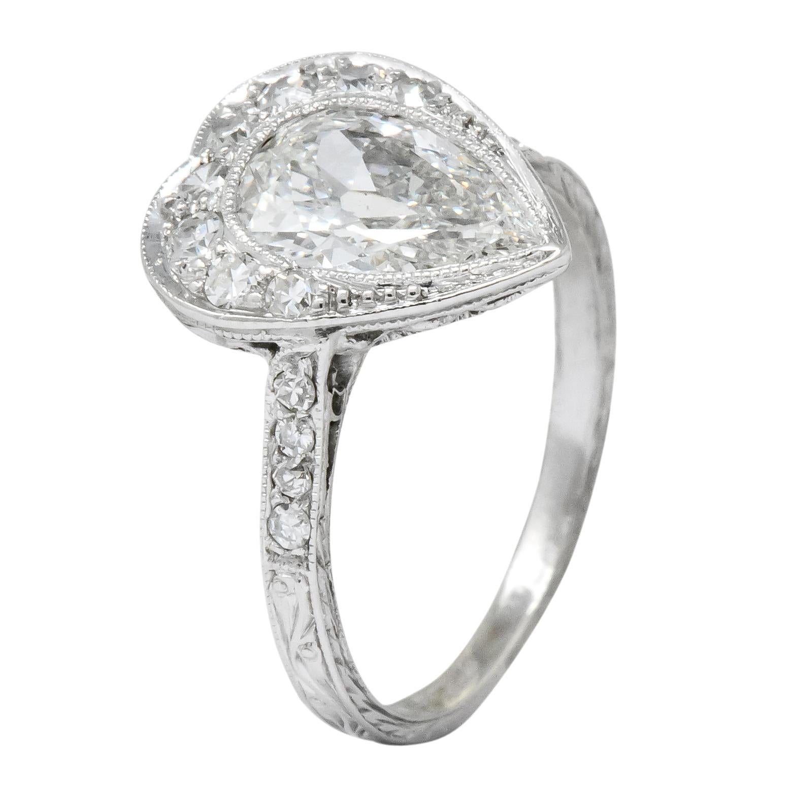 Edwardian 1.45 Carat Pear Cut Diamond Platinum Heart Engagement Ring 4