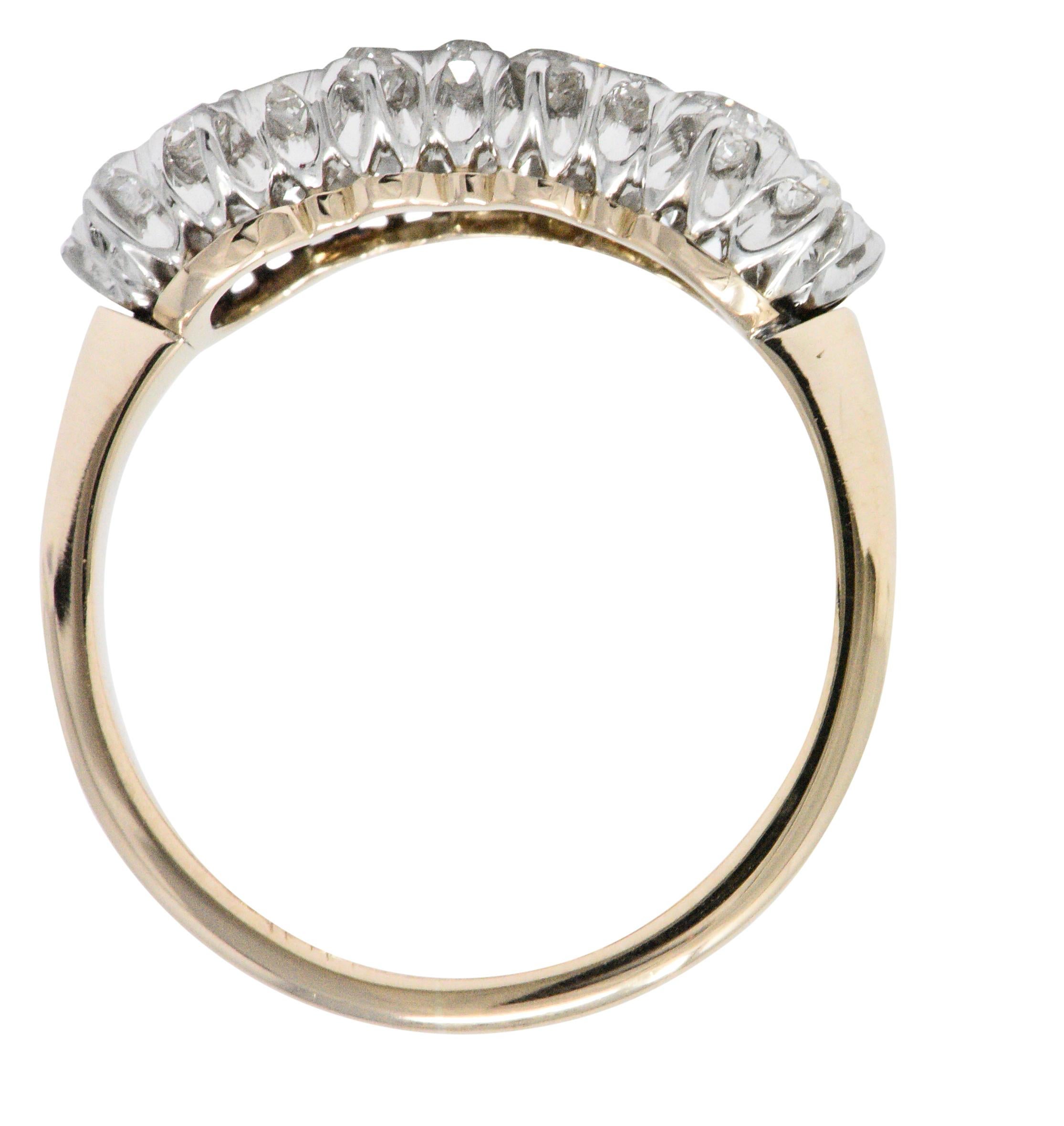 Women's or Men's Edwardian 1.45 CTW Diamond And Platinum-Topped 14 Karat Gold Cluster Ring
