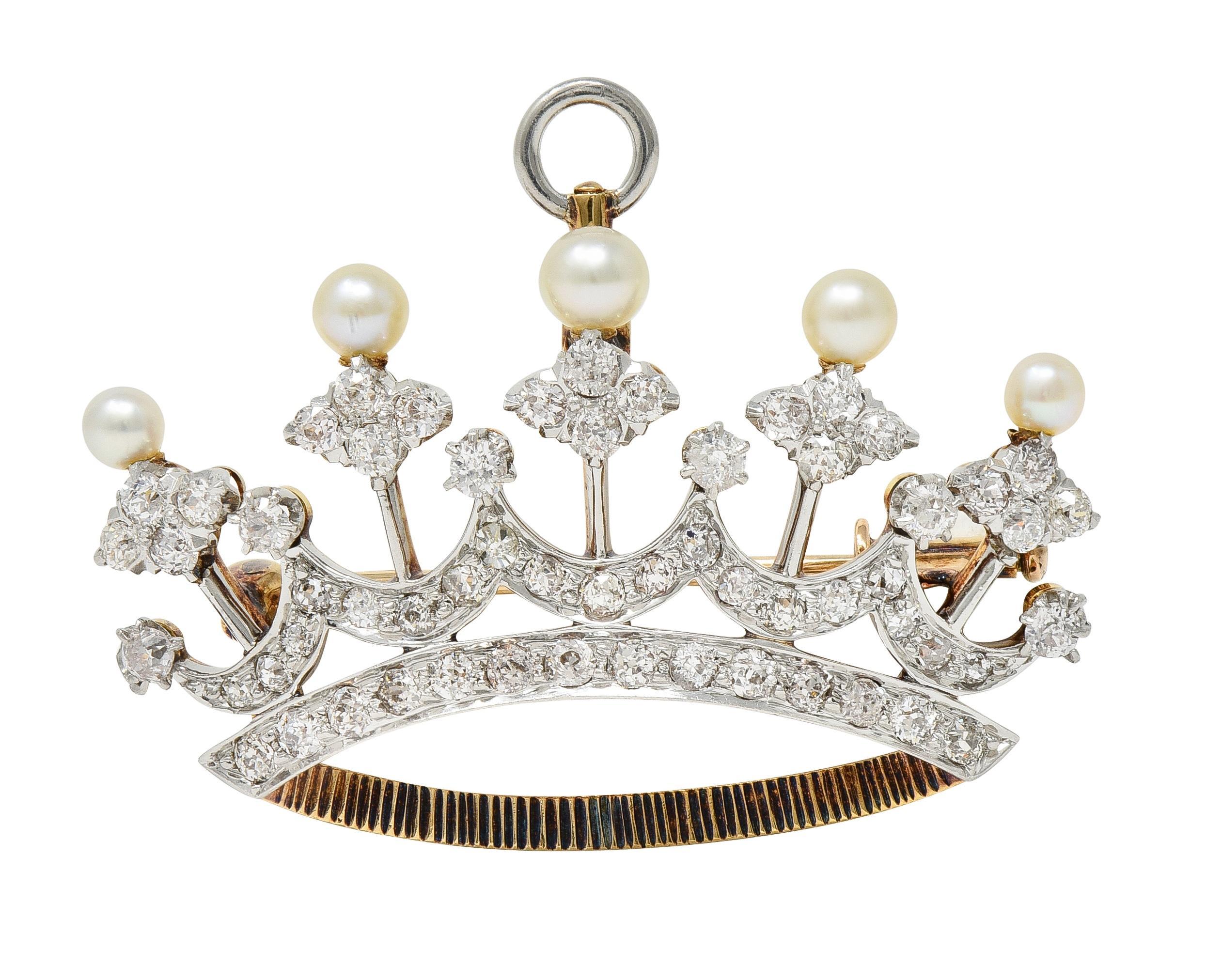 Edwardian 1.45 CTW Diamond Pearl Platinum 14 Karat Gold Crown Pendant Brooch 7