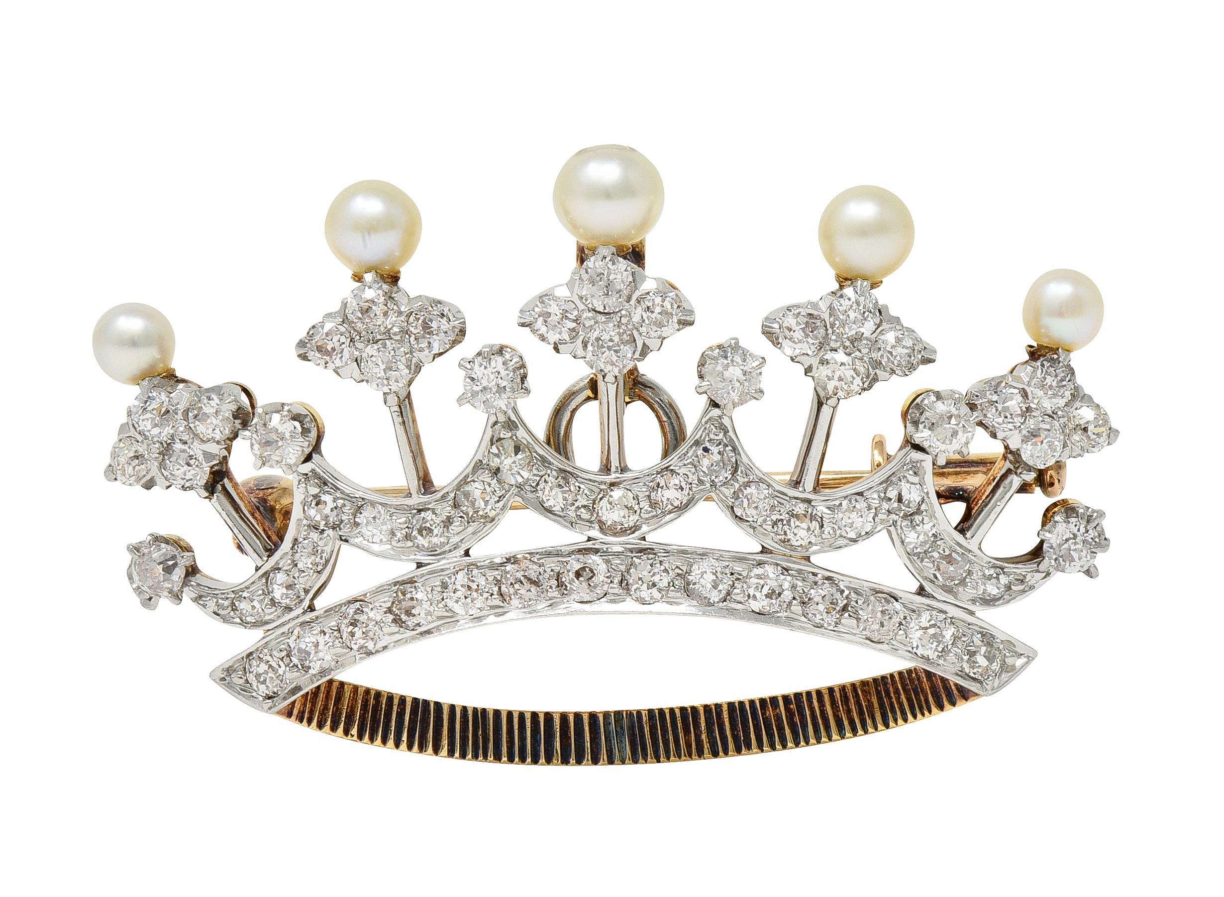 Designed as a pierced dimensional crown with diamonds prong set in platinum throughout 
Old European cut and weighing approximately 1.45 carats total - H to K color with VS2 clarity
Topped with near-round pearls measuring 3.0 to 3.8 mm 
Translucent