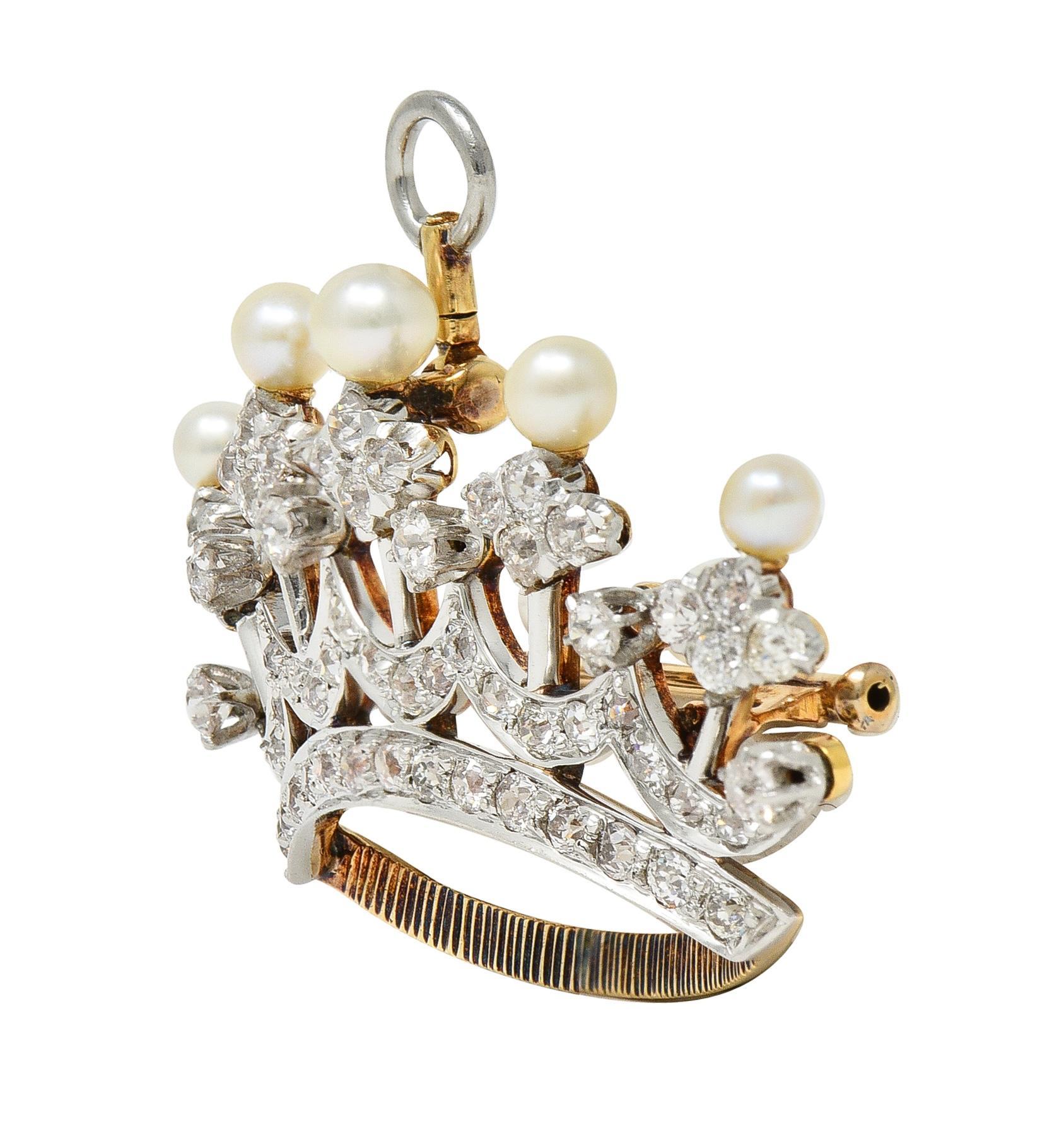 Round Cut Edwardian 1.45 CTW Diamond Pearl Platinum 14 Karat Gold Crown Pendant Brooch