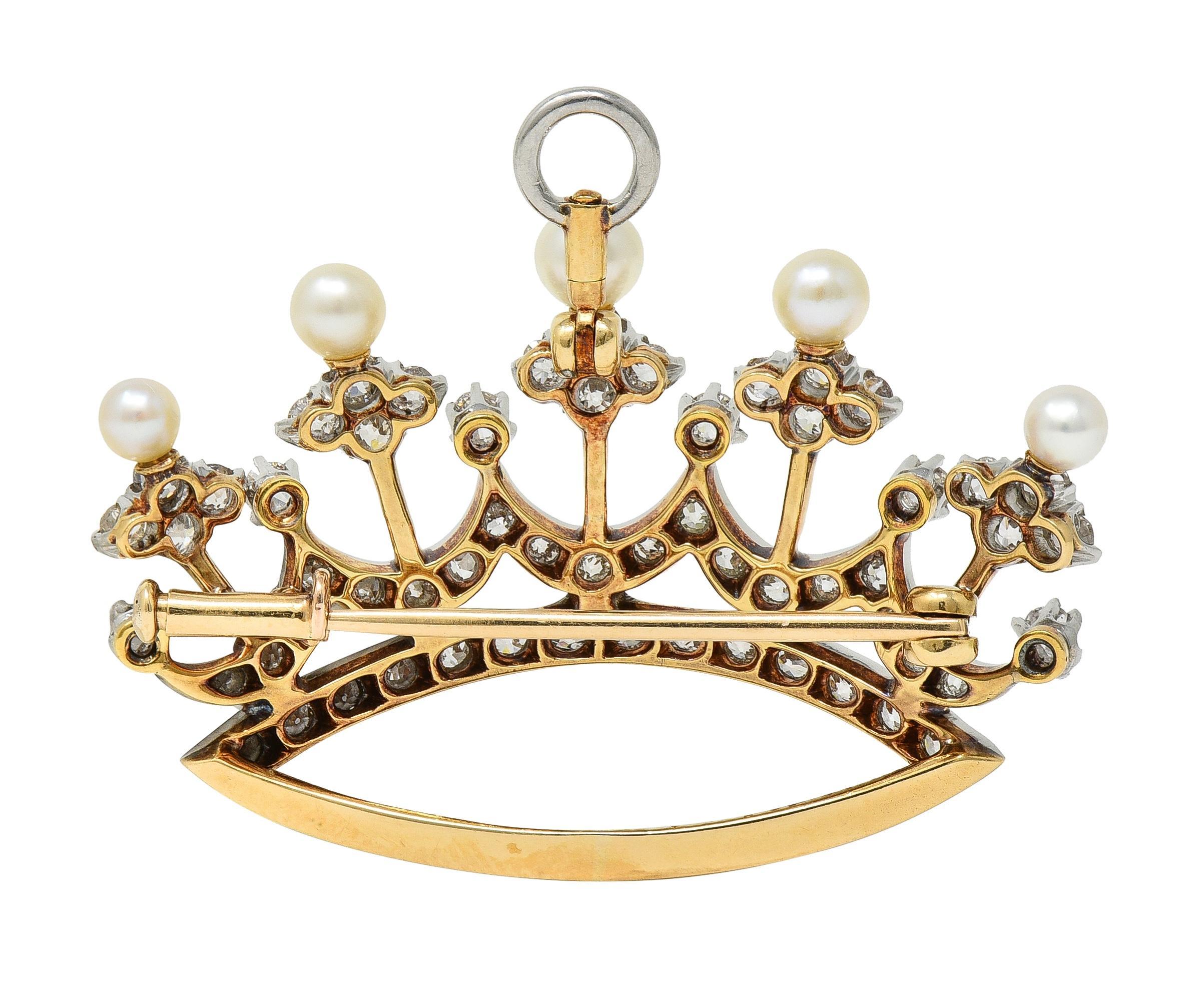 Edwardian 1.45 CTW Diamond Pearl Platinum 14 Karat Gold Crown Pendant Brooch In Excellent Condition In Philadelphia, PA
