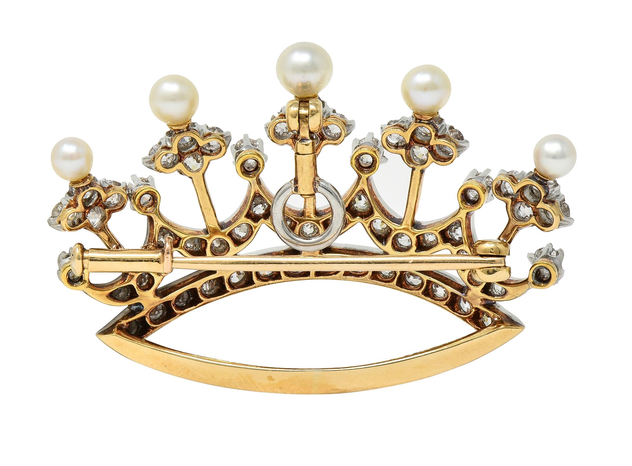Women's or Men's Edwardian 1.45 CTW Diamond Pearl Platinum 14 Karat Gold Crown Pendant Brooch