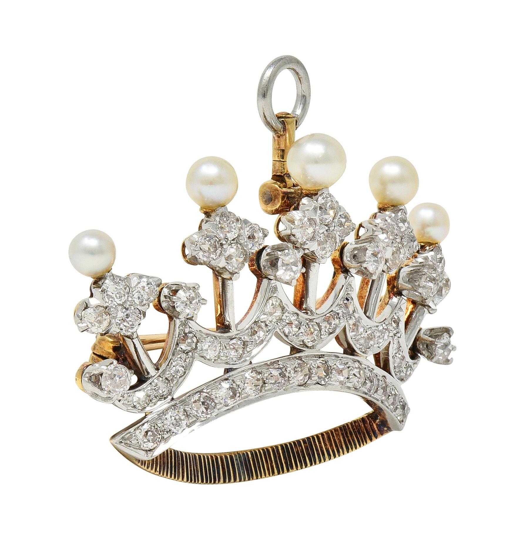 Edwardian 1.45 CTW Diamond Pearl Platinum 14 Karat Gold Crown Pendant Brooch 1