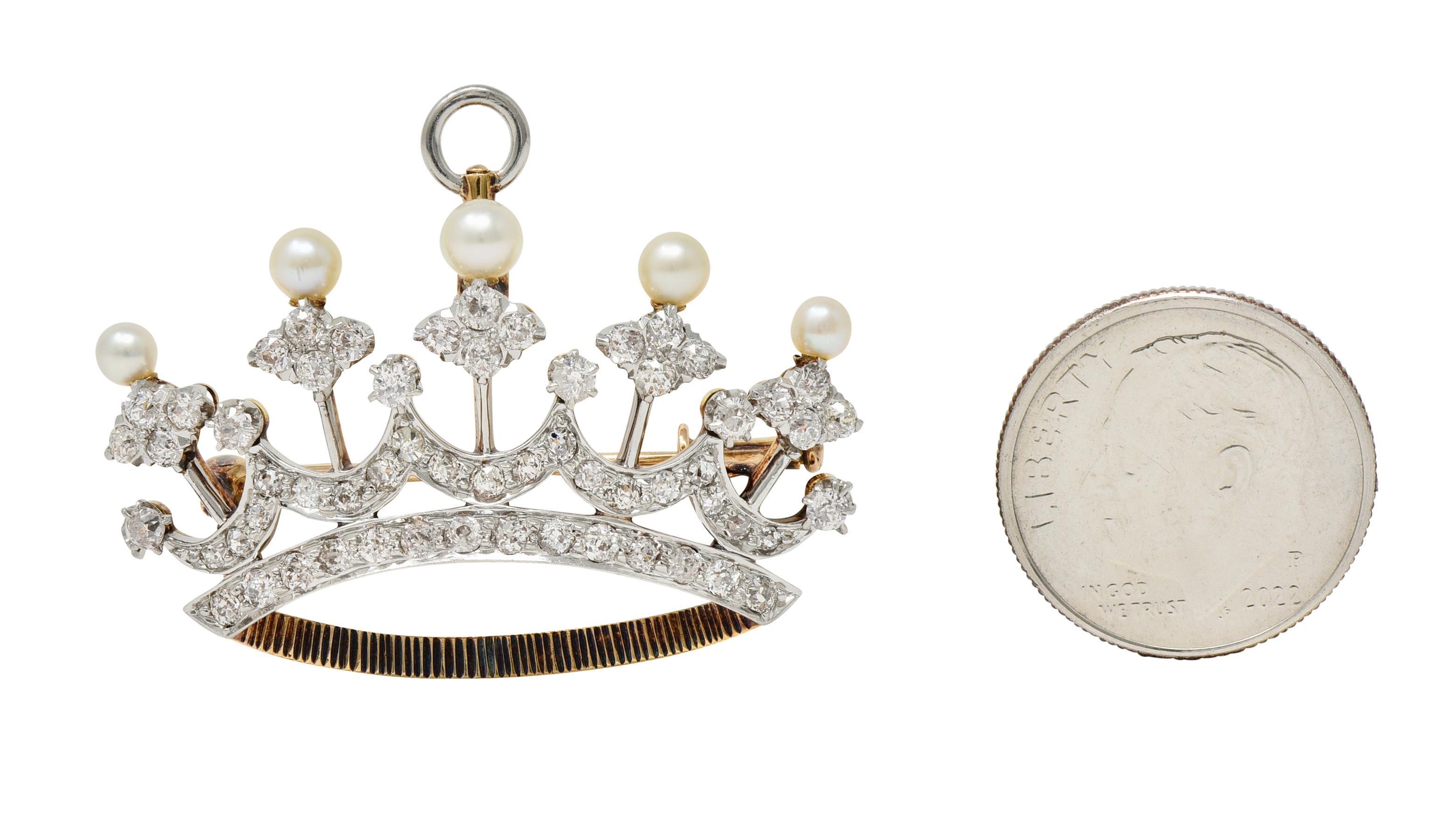 Edwardian 1.45 CTW Diamond Pearl Platinum 14 Karat Gold Crown Pendant Brooch 2