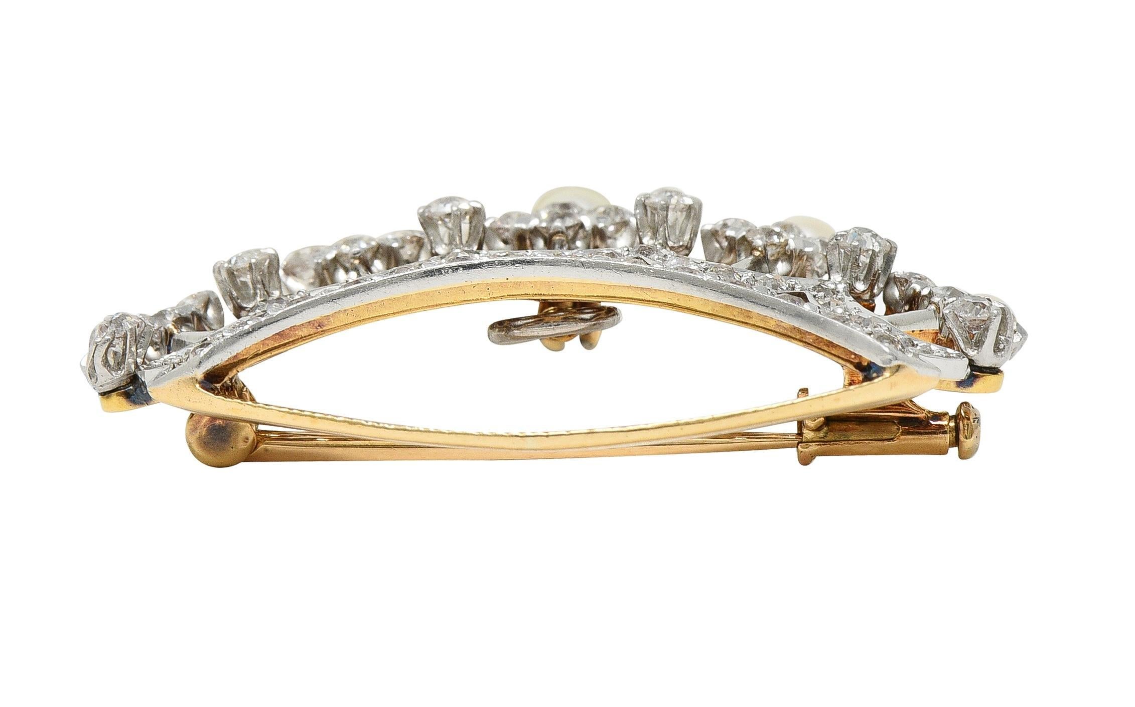 Edwardian 1.45 CTW Diamond Pearl Platinum 14 Karat Gold Crown Pendant Brooch 4