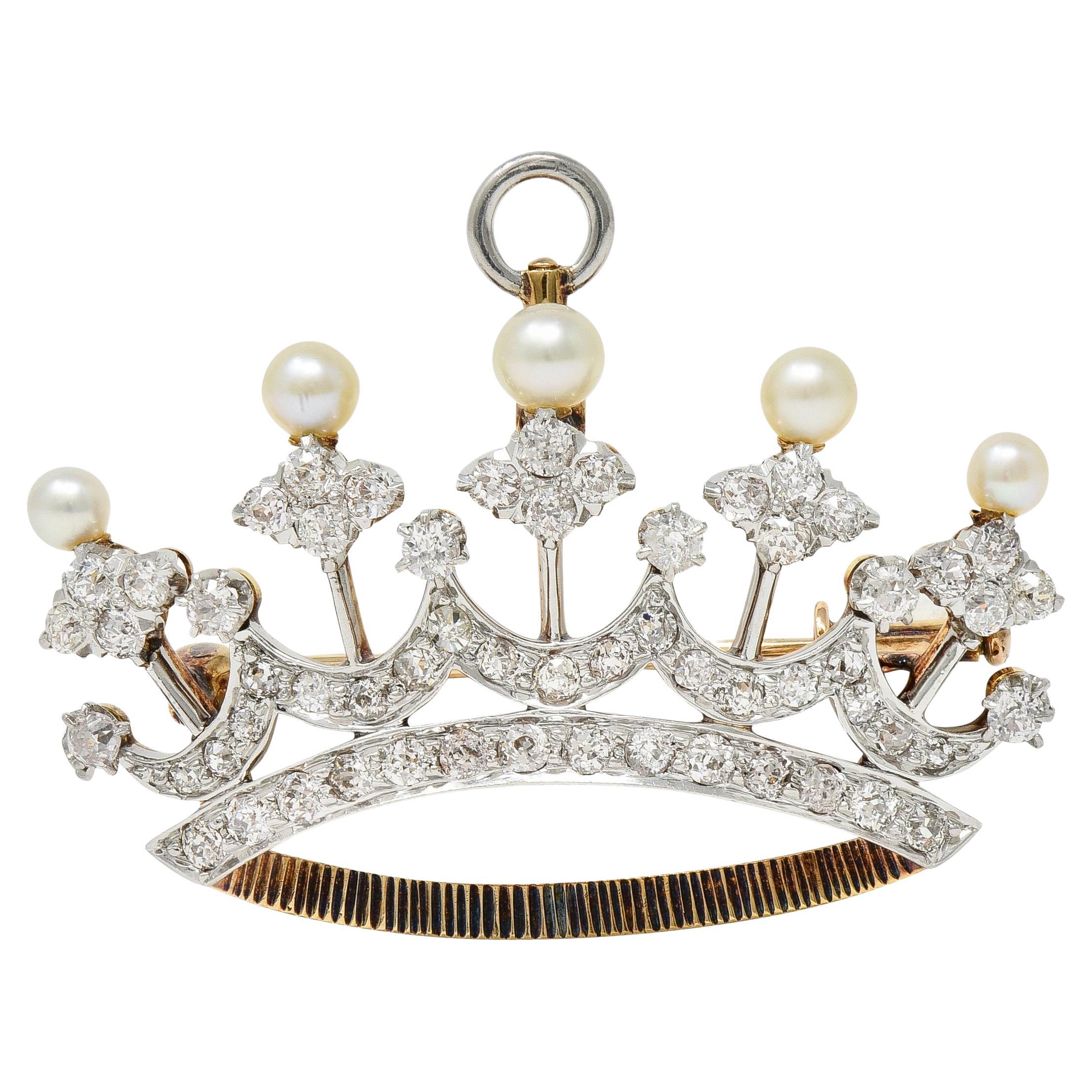 Edwardian 1.45 CTW Diamond Pearl Platinum 14 Karat Gold Crown Pendant Brooch