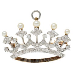 Antique Edwardian 1.45 CTW Diamond Pearl Platinum 14 Karat Gold Crown Pendant Brooch