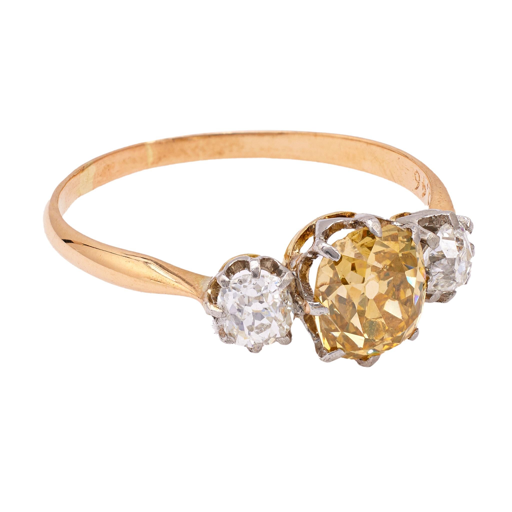 Women's or Men's Edwardian 1.46 Carat Fancy Color Diamond 18k Rose Gold Platinum Three Stone Ring