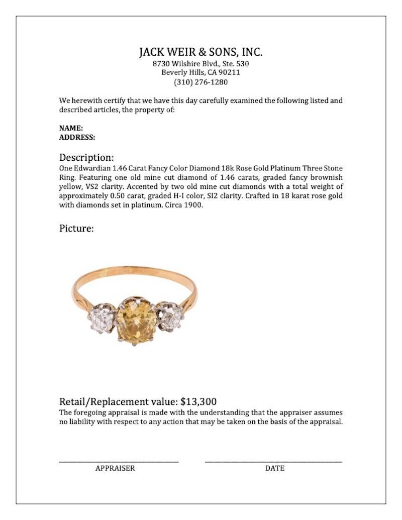 Edwardian 1.46 Carat Fancy Color Diamond 18k Rose Gold Platinum Three Stone Ring 1