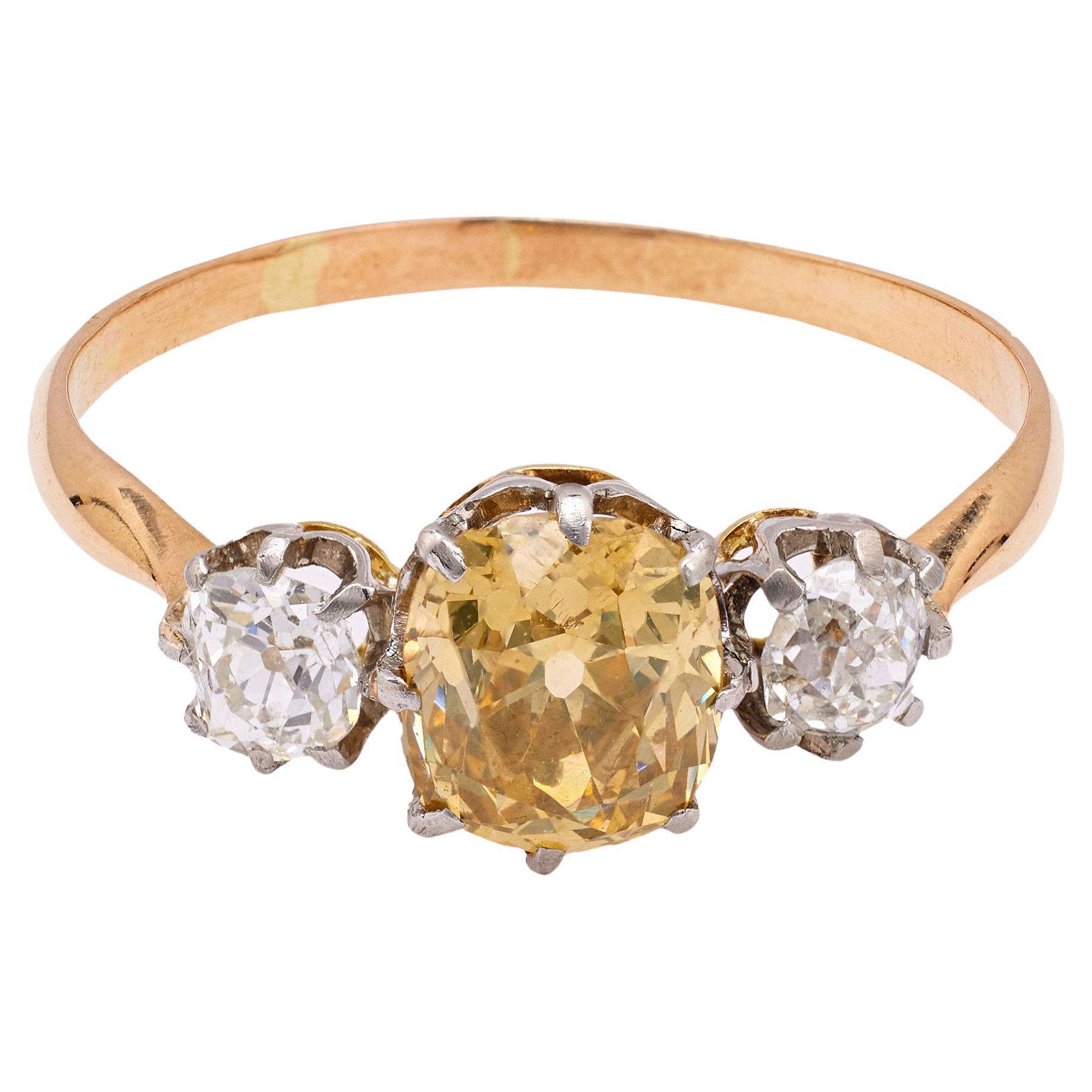 Edwardian 1.46 Carat Fancy Color Diamond 18k Rose Gold Platinum Three Stone Ring