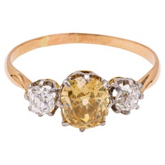 Antique Edwardian 1.46 Carat Fancy Color Diamond 18k Rose Gold Platinum Three Stone Ring