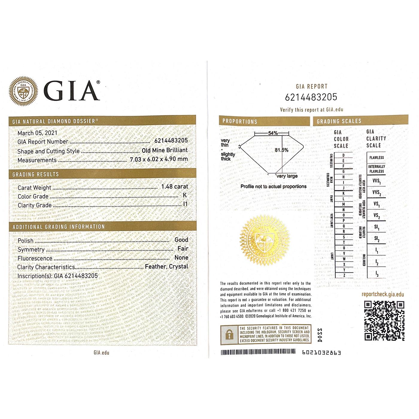 Edwardian 1.48 Carat GIA Certified Old Mine Cut Diamond Cluster Ring 1