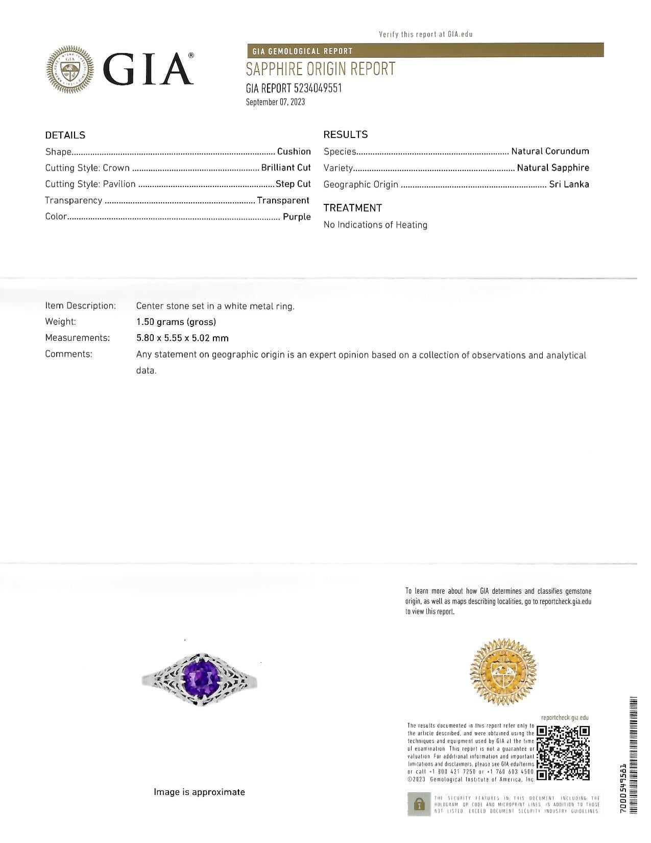 Edwardian 1.48 CTW No Heat Ceylon Purple Sapphire 14 Karat Gold Antique Ring GIA 11