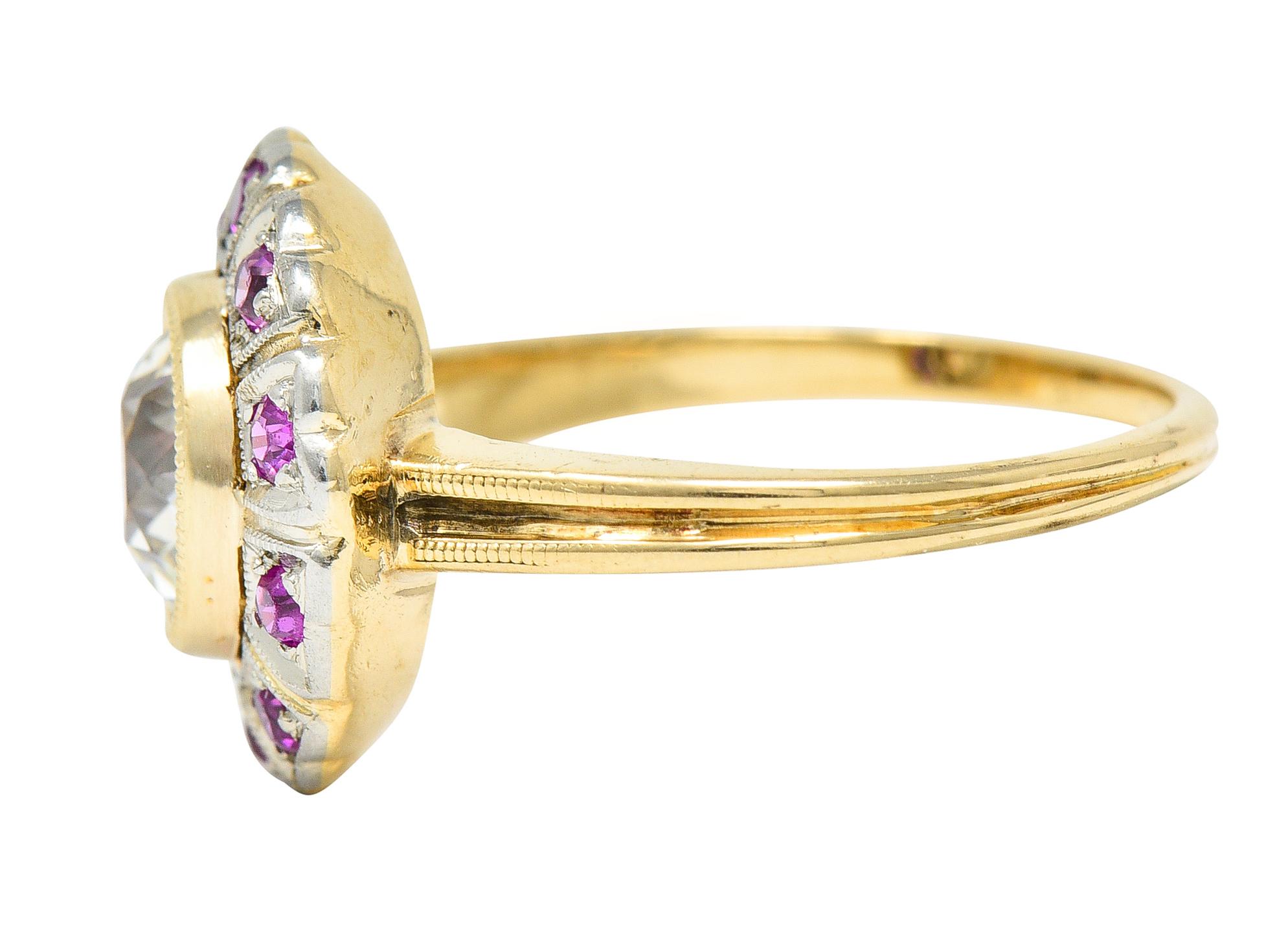 Women's or Men's Edwardian 1.49 Carats Old European Diamond Ruby Platinum-Topped 14 Karat Ring