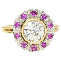 Edwardian 1.49 Carats Old European Diamond Ruby Platinum-Topped 14 Karat Ring