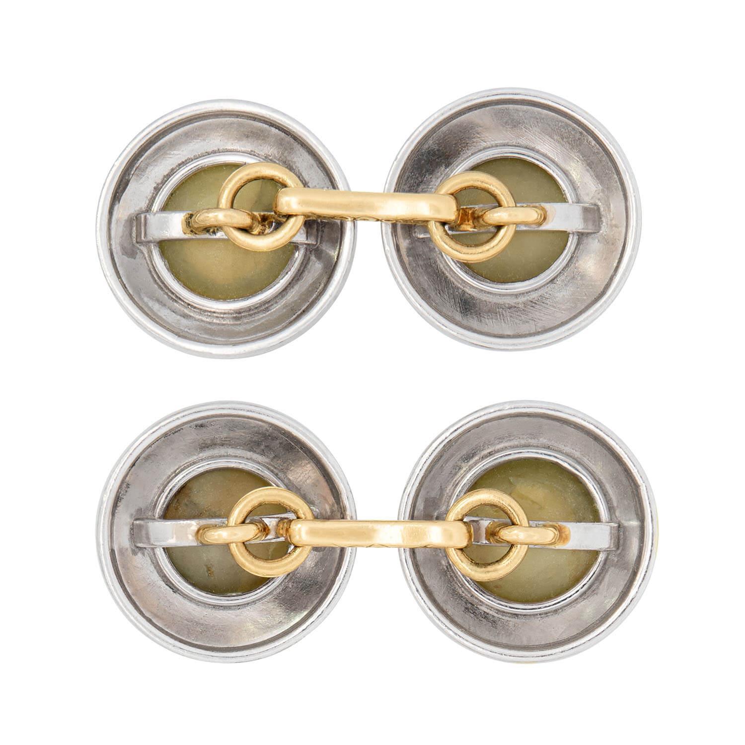 Taille ronde Ensemble de boutons de manchette 5 pièces en chrysobéryl 14k et platine de l'époque édouardienne en vente