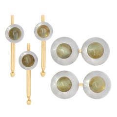 Ensemble de boutons de manchette 5 pièces en chrysobéryl 14k et platine de l'époque édouardienne